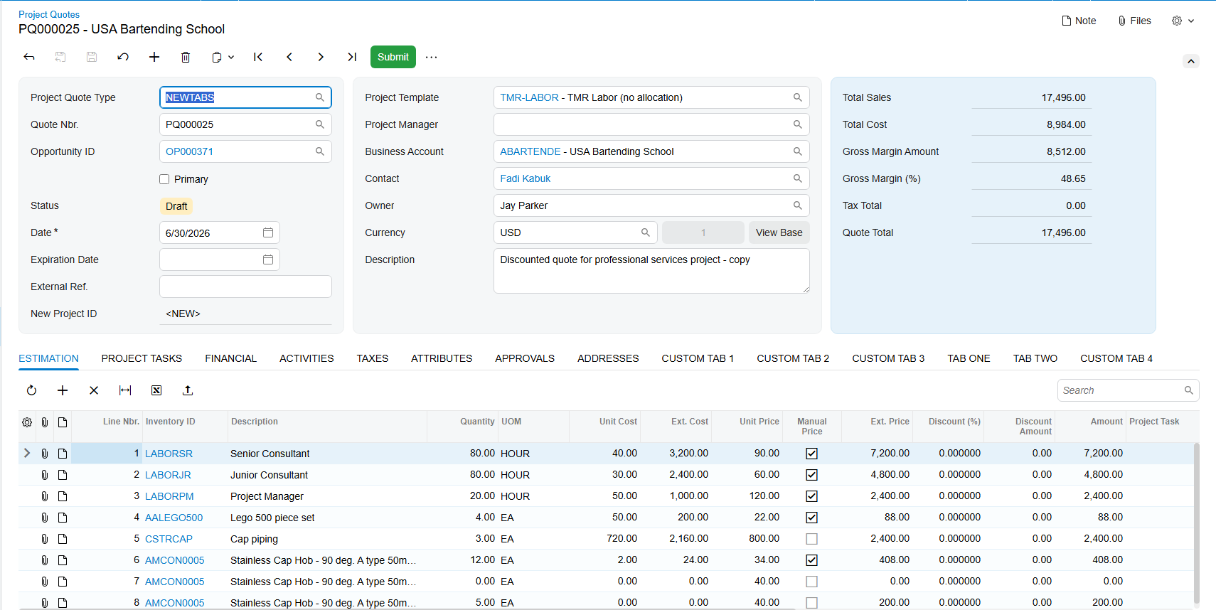Screenshot of a Project Quote screen showing custom tabs added next to standard tabs like Estimation and Financial