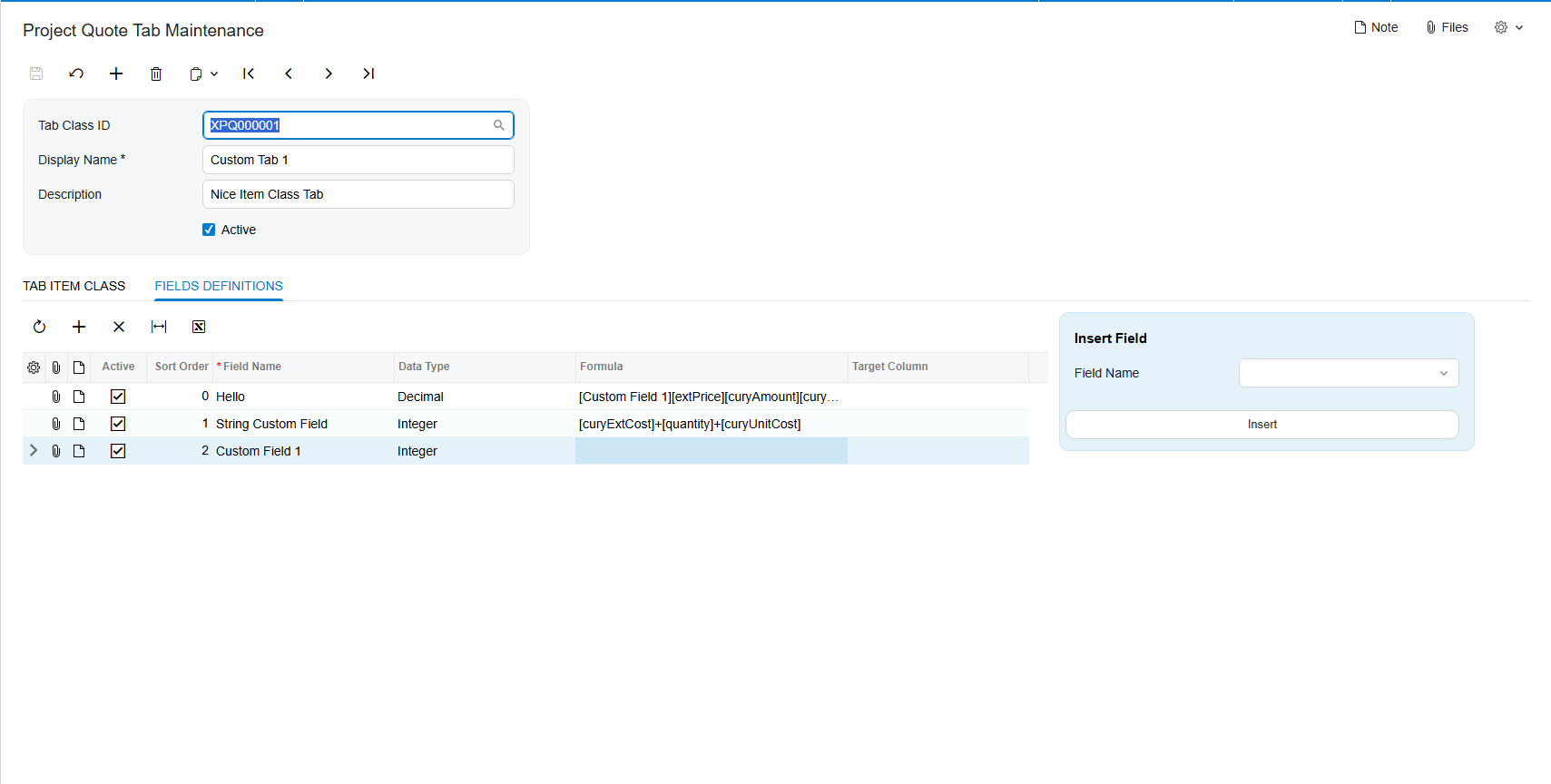 Screenshot of Project Quote Tab Maintenance showing field definitions with data types and calculation formulas