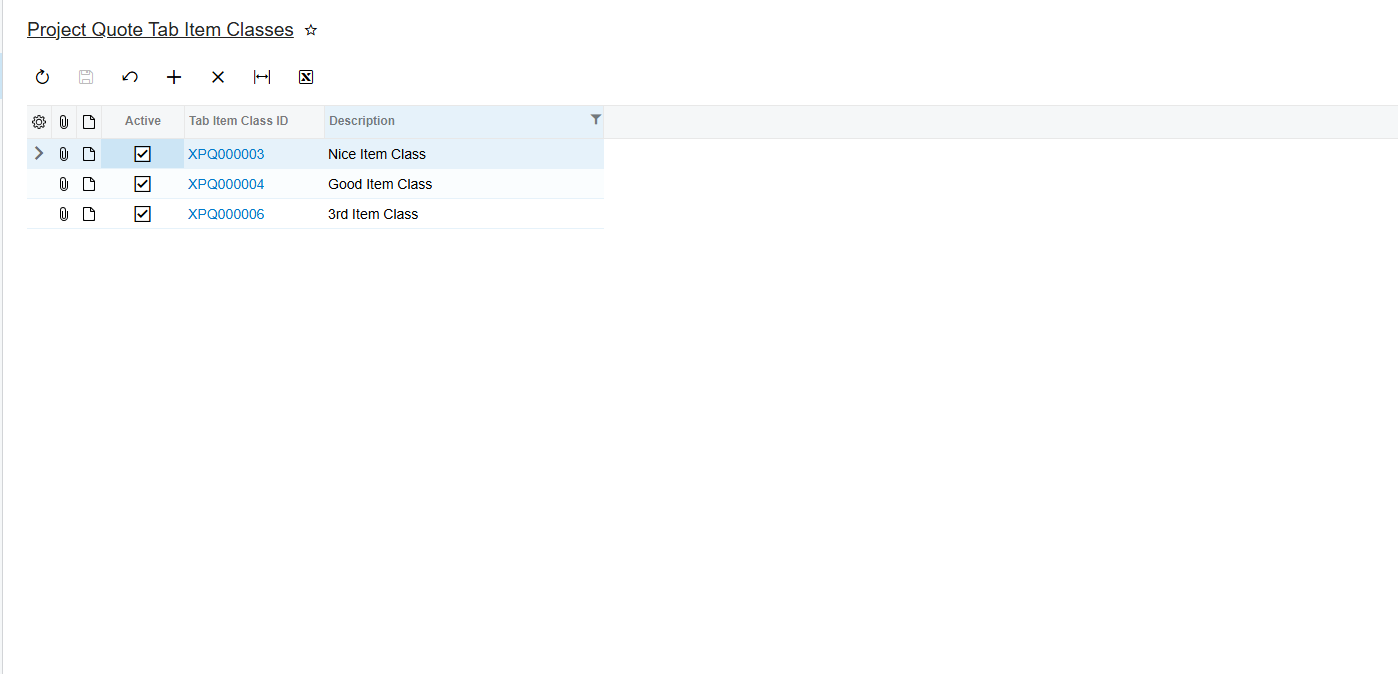 Screenshot of Project Quote Tab Item Classes grid listing configured item classes