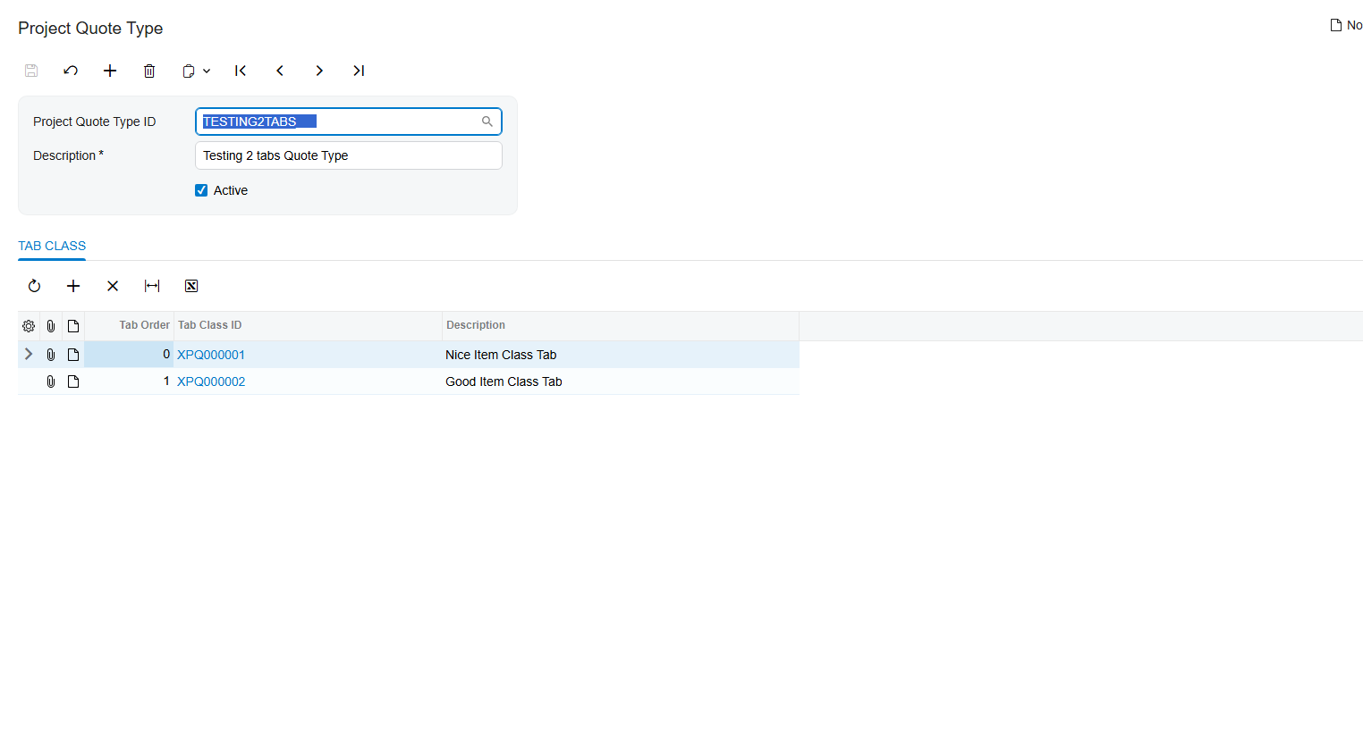 Screenshot of Project Quote Type screen showing tab classes assigned in a specific tab order