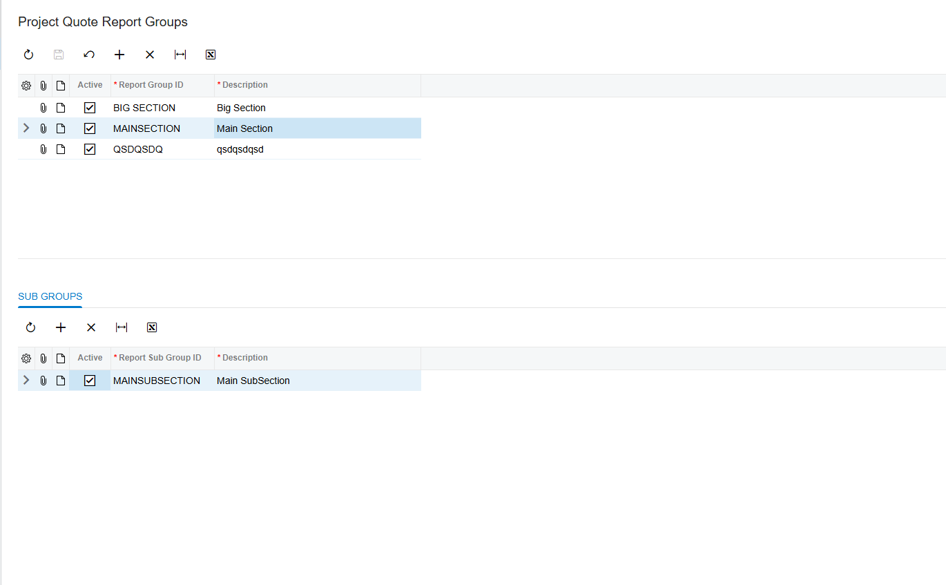 Screenshot of Project Quote Report Groups screen showing report groups and sub-groups