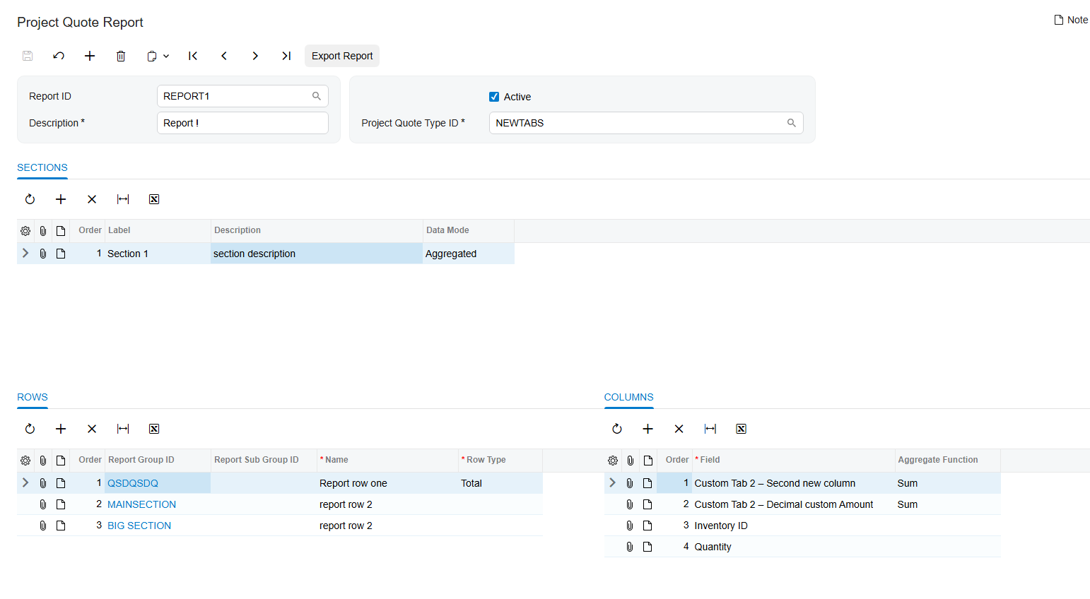 Screenshot of Project Quote Report screen showing report sections, rows, and columns referencing custom tab fields