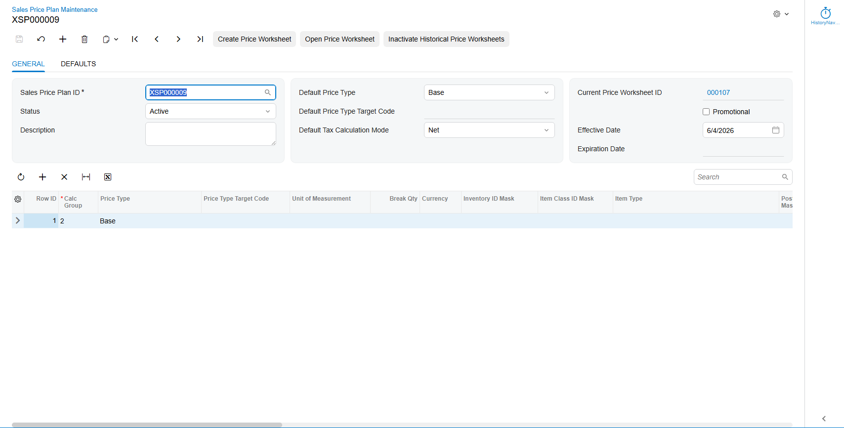 Screenshot of Sales Price Plan Maintenance General tab showing plan header fields and a calculation grid row