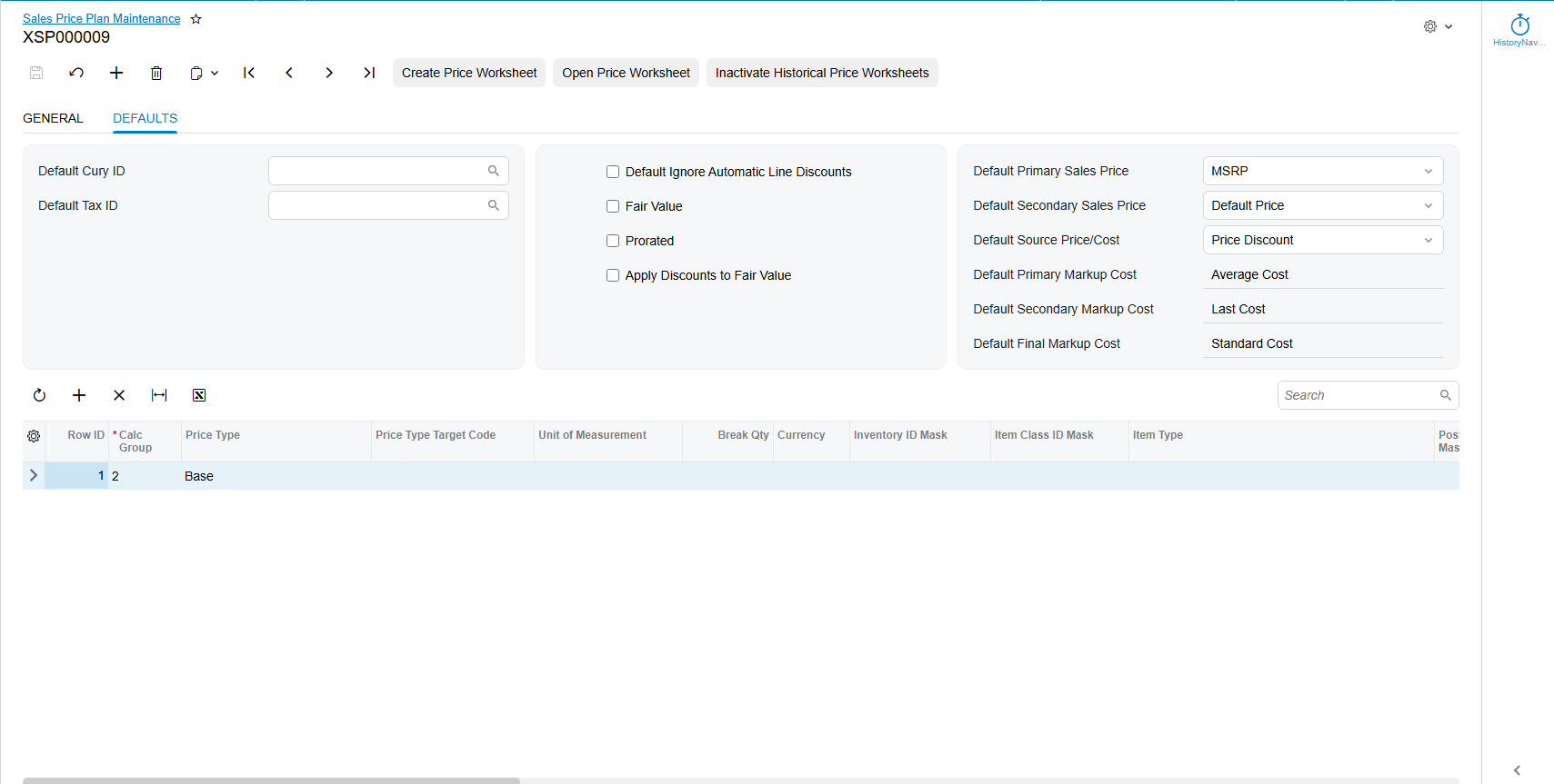 Screenshot of Sales Price Plan Maintenance Defaults tab showing markup cost, sales price, and pricing option defaults