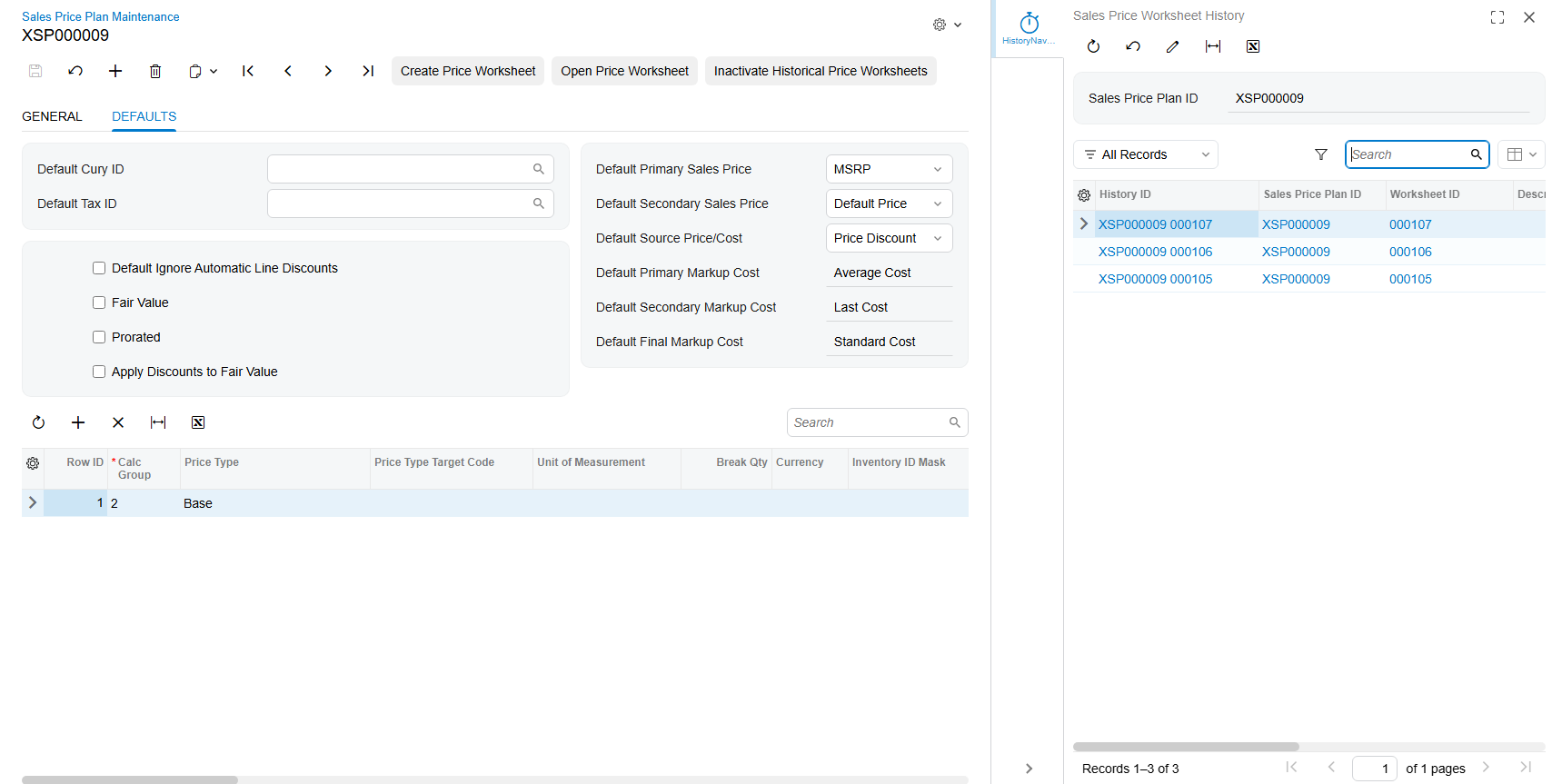 Screenshot of Sales Price Worksheet History panel listing prior worksheet IDs generated from a sales price plan