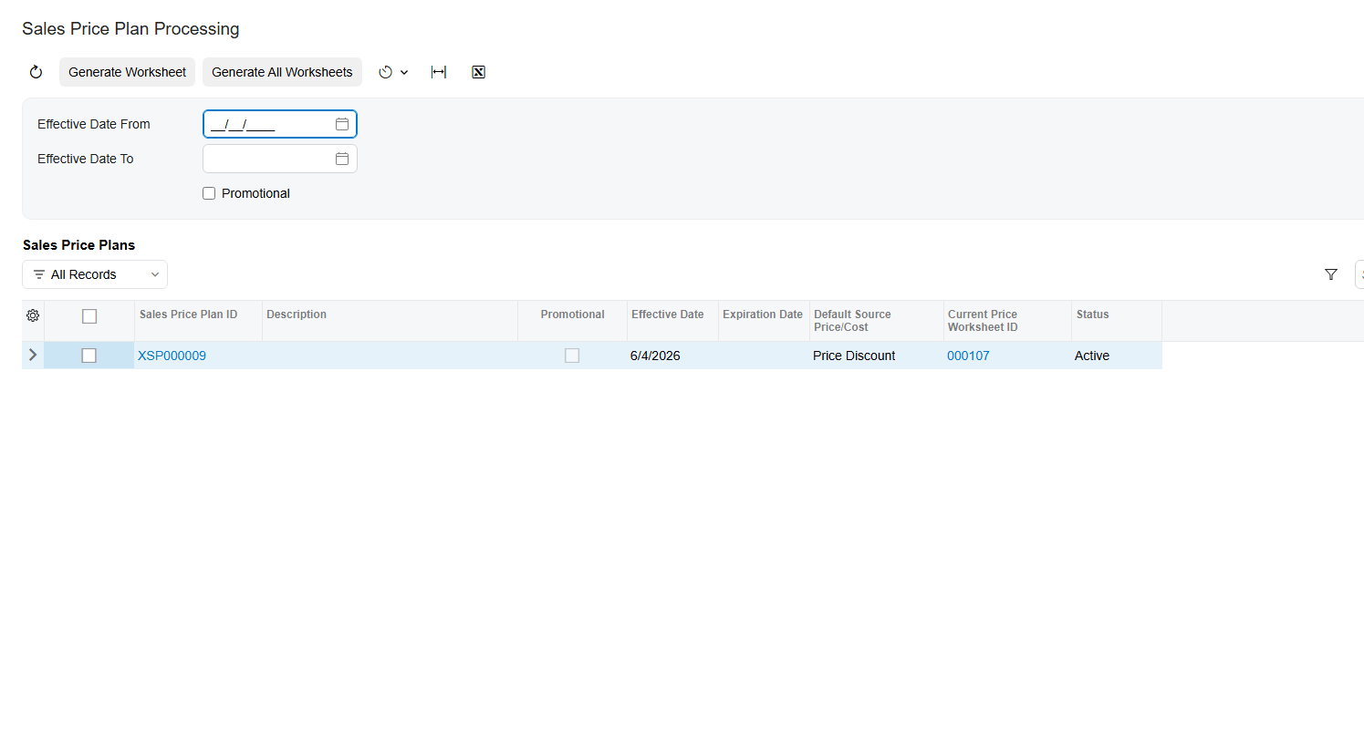 Screenshot of Sales Price Plan Processing screen showing Generate Worksheet and Generate All Worksheets actions