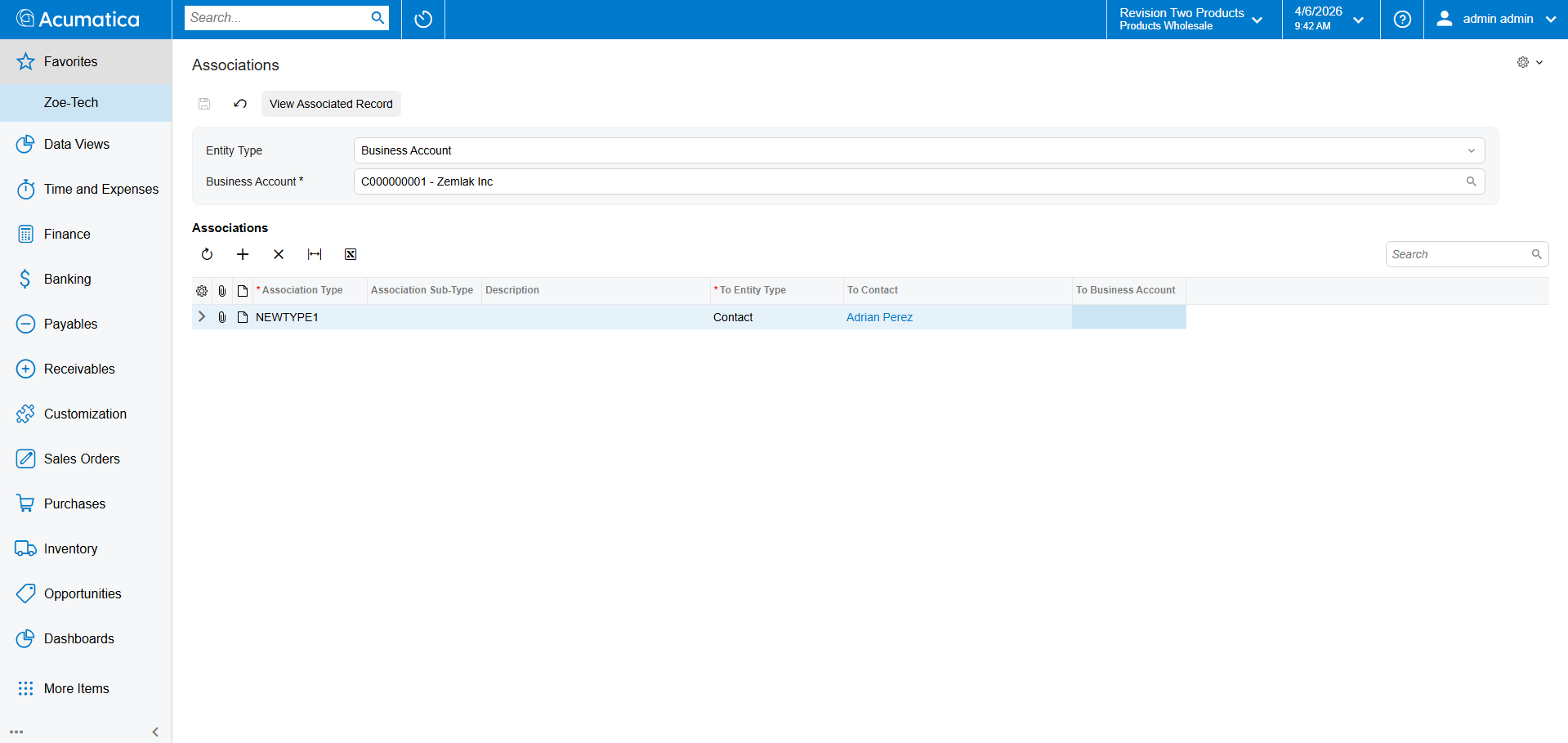 Screenshot of the Associations tab on a business account showing linked contacts and entities
