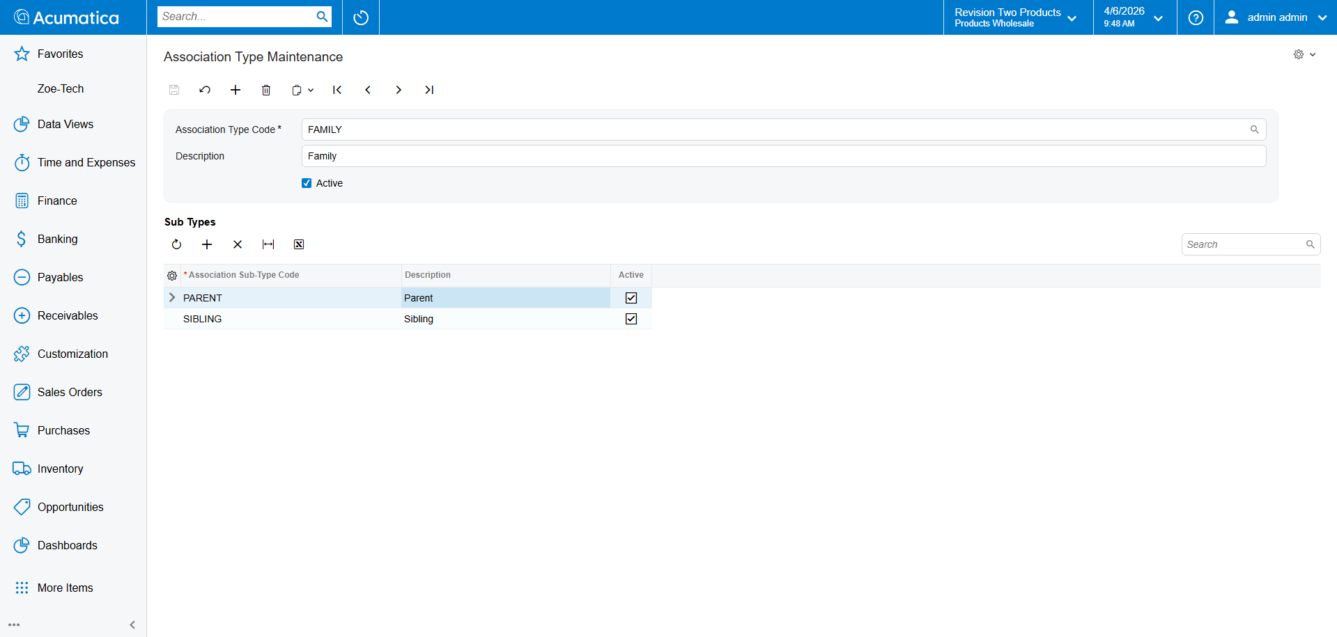 Screenshot of Association Type Maintenance screen showing configurable association types and sub-types