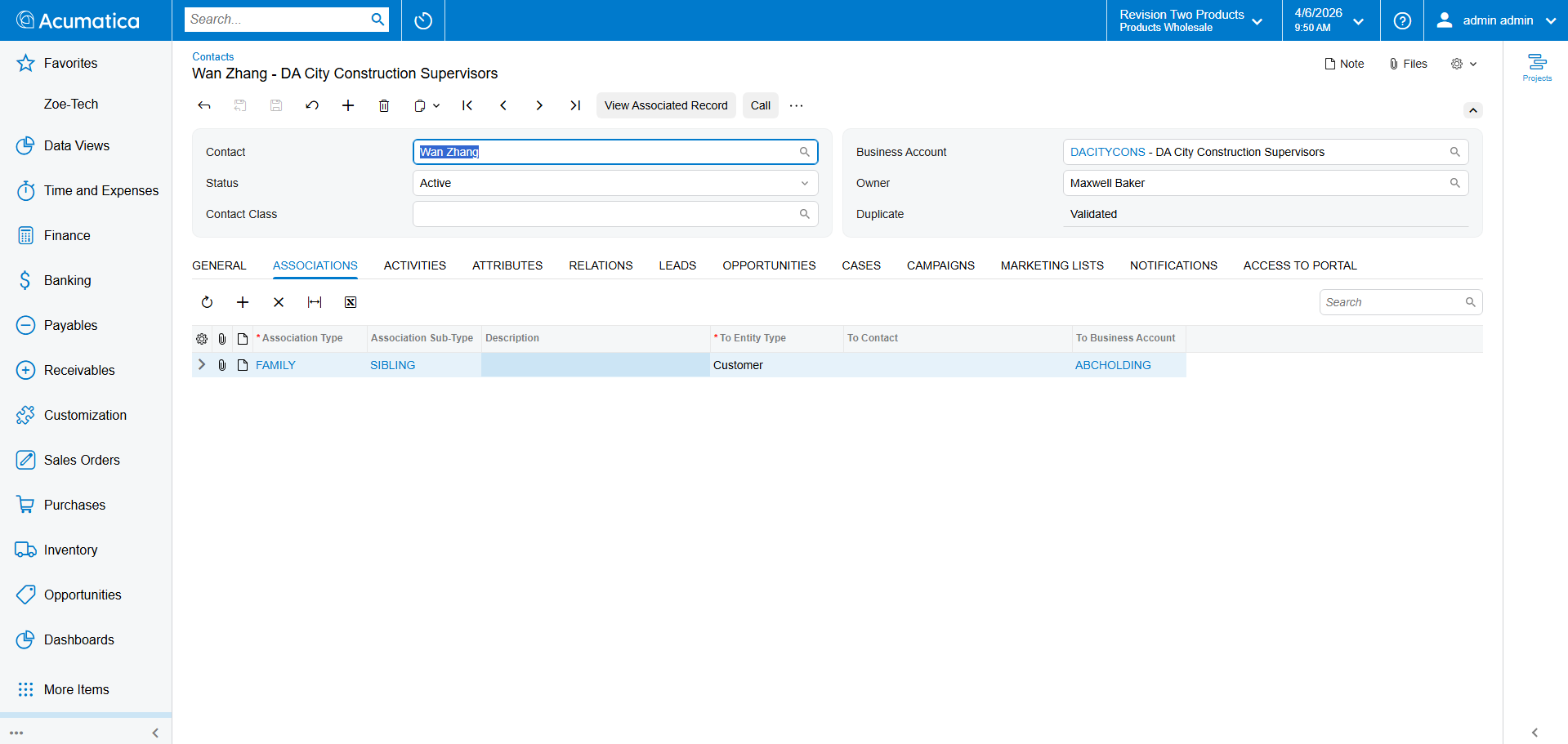 Screenshot of a contact record's Associations tab showing a family relationship to a business account