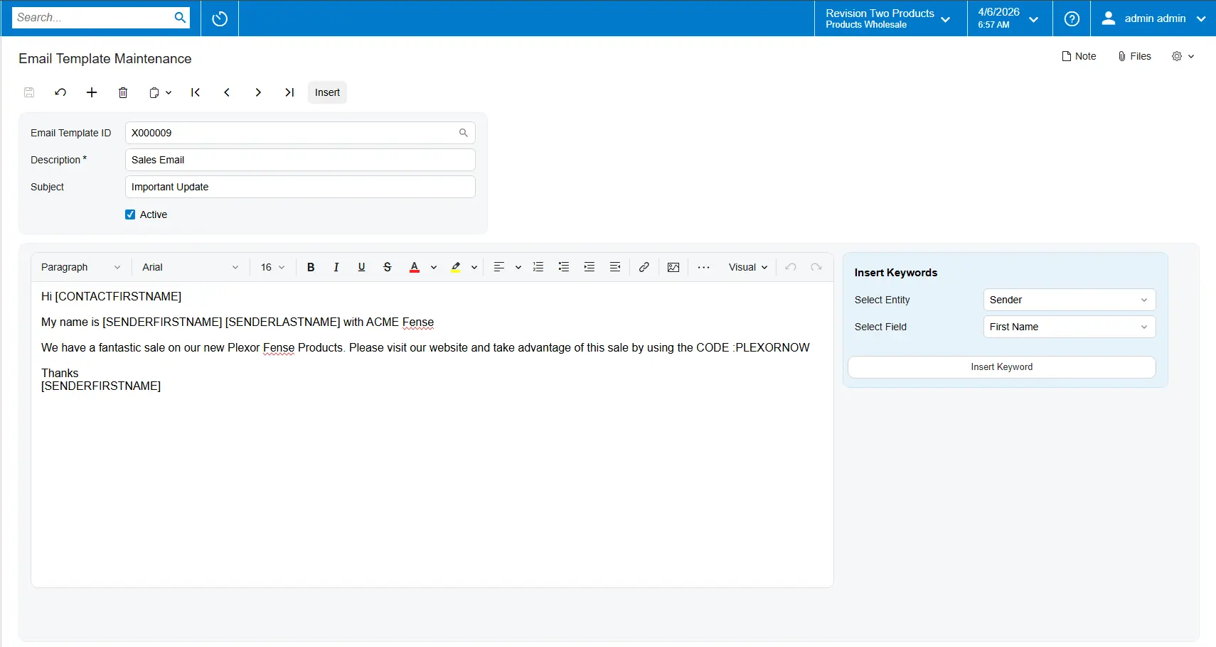 Screenshot of Email Template Maintenance showing a sales email template with insertable keywords