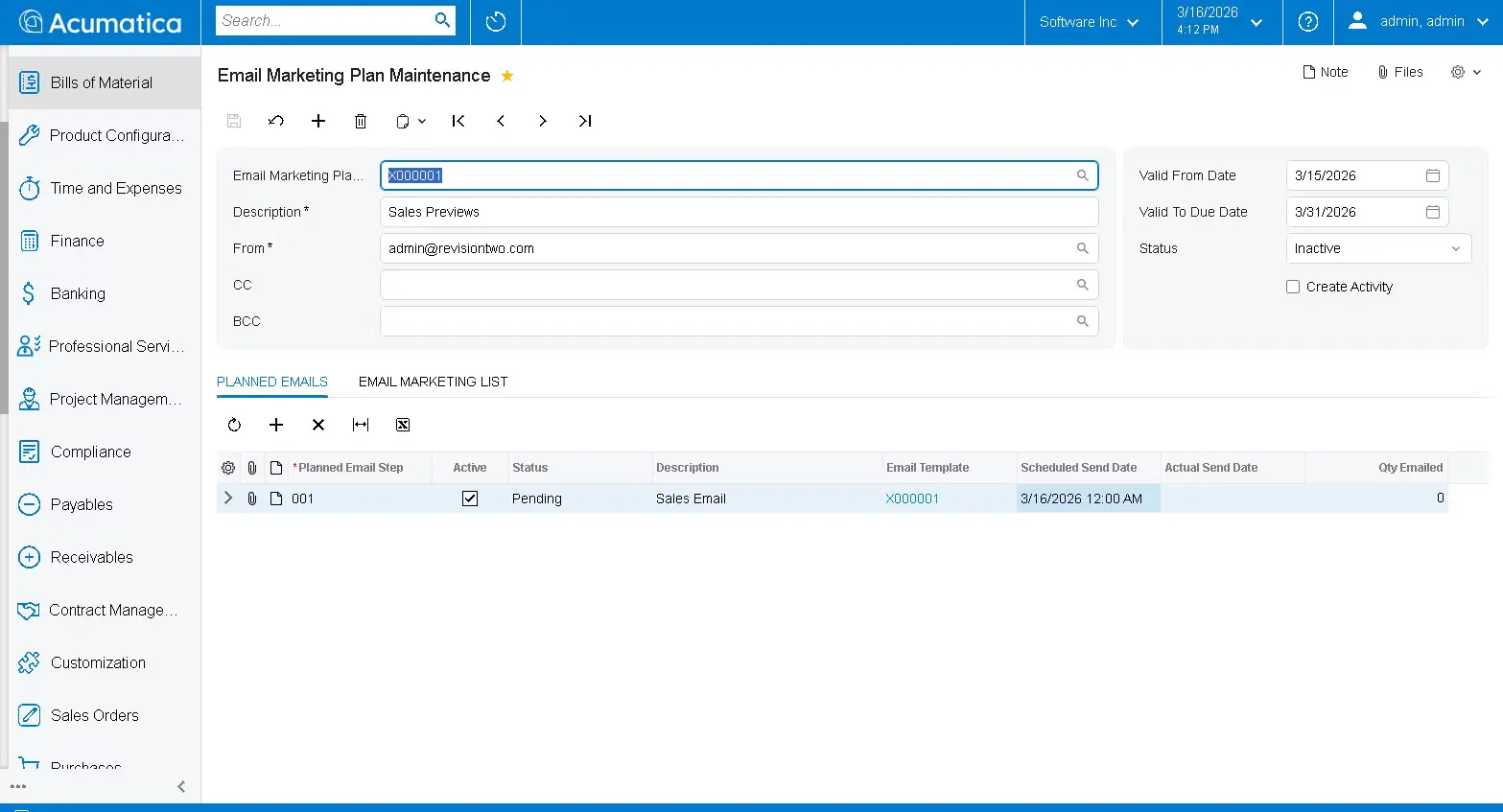 Screenshot of Email Marketing Plan Maintenance showing a planned email step and its scheduled send date
