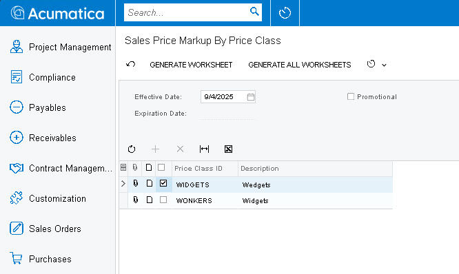 Screenshot showing automated generation of sales price worksheets