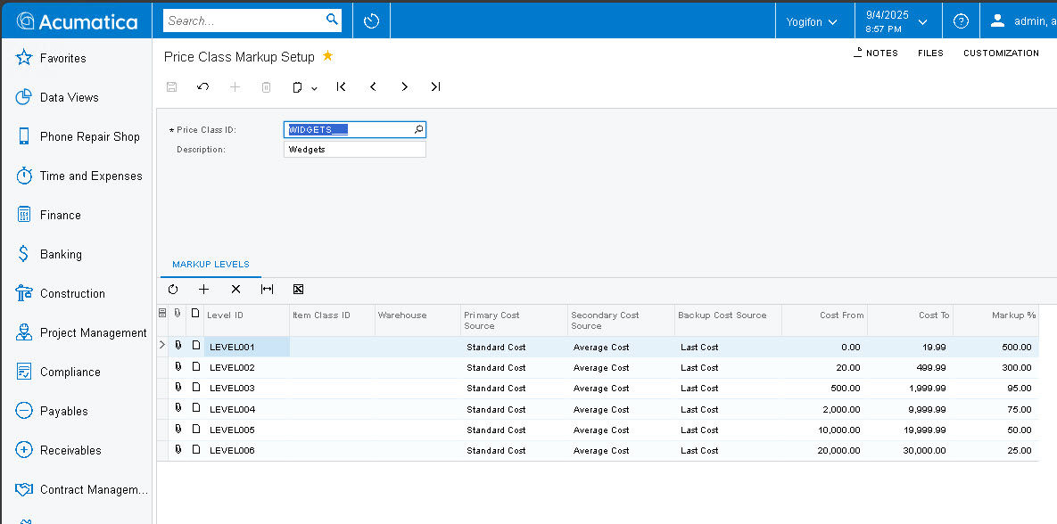 Screenshot displaying markup calculation results and price changes