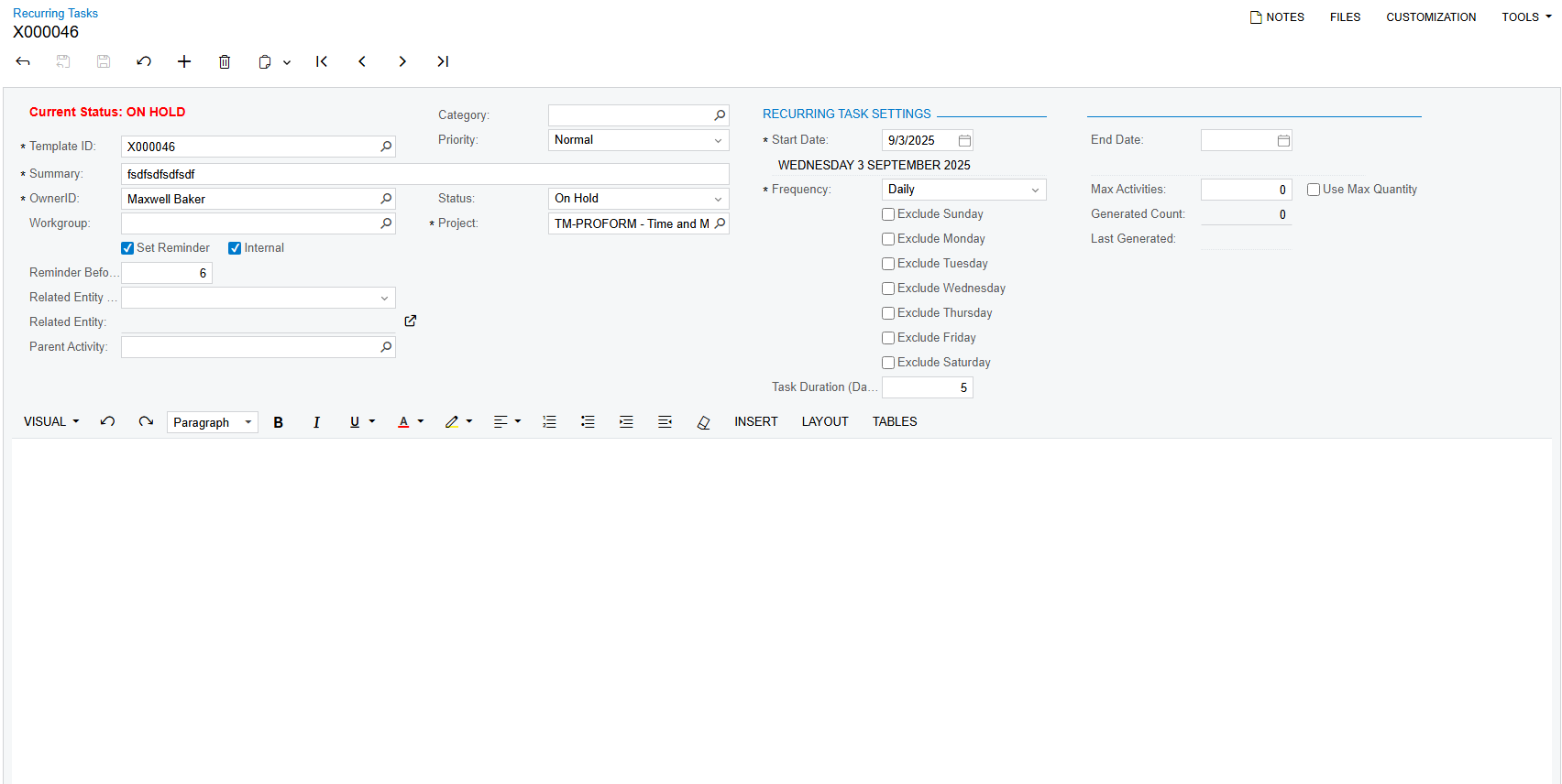 Screenshot of recurring tasks configuration screen showing schedule options