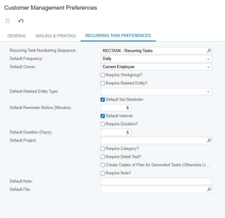 Screenshot showing configuration options for Recurring Tasks