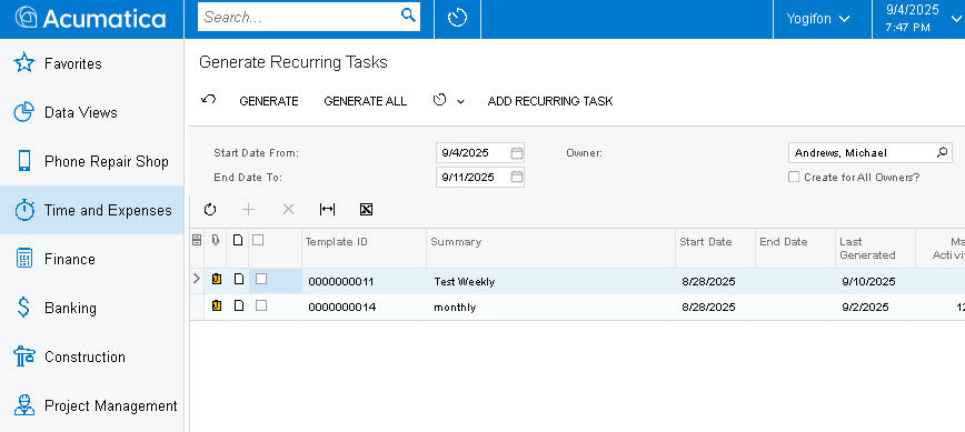 Screenshot showing list of generated recurring tasks with status and details