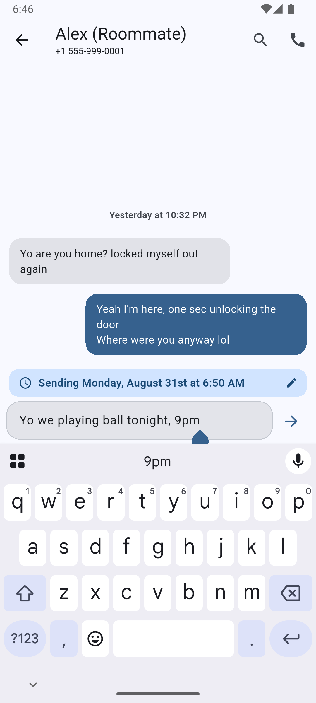 Schedule a message to send later — here, Monday at 6:50 AM