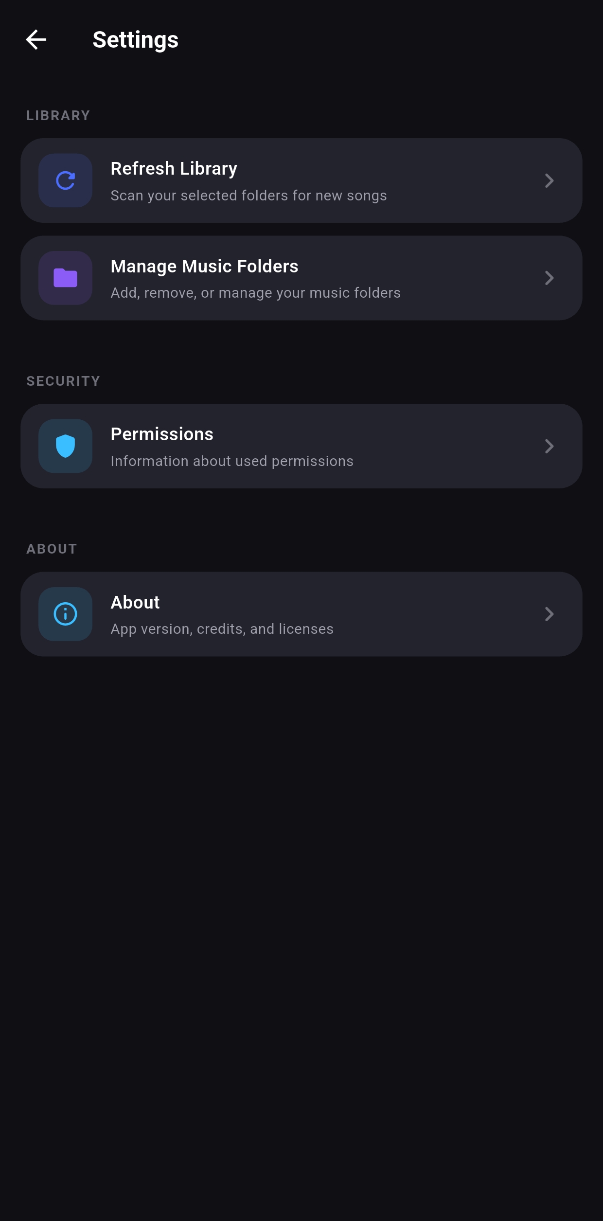 Settings — refresh your library, choose which folders get scanned, and review permissions