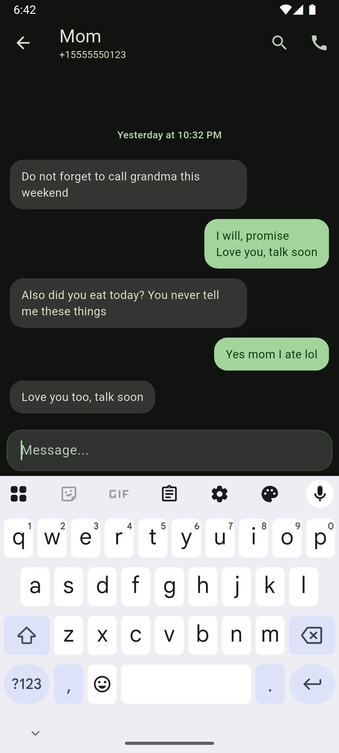 The same conversation in dark mode with a green accent