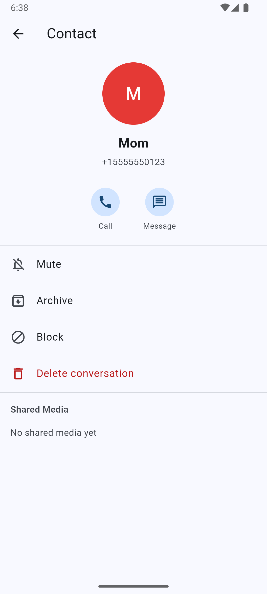 Contact details — mute, archive, block, and shared media at a glance