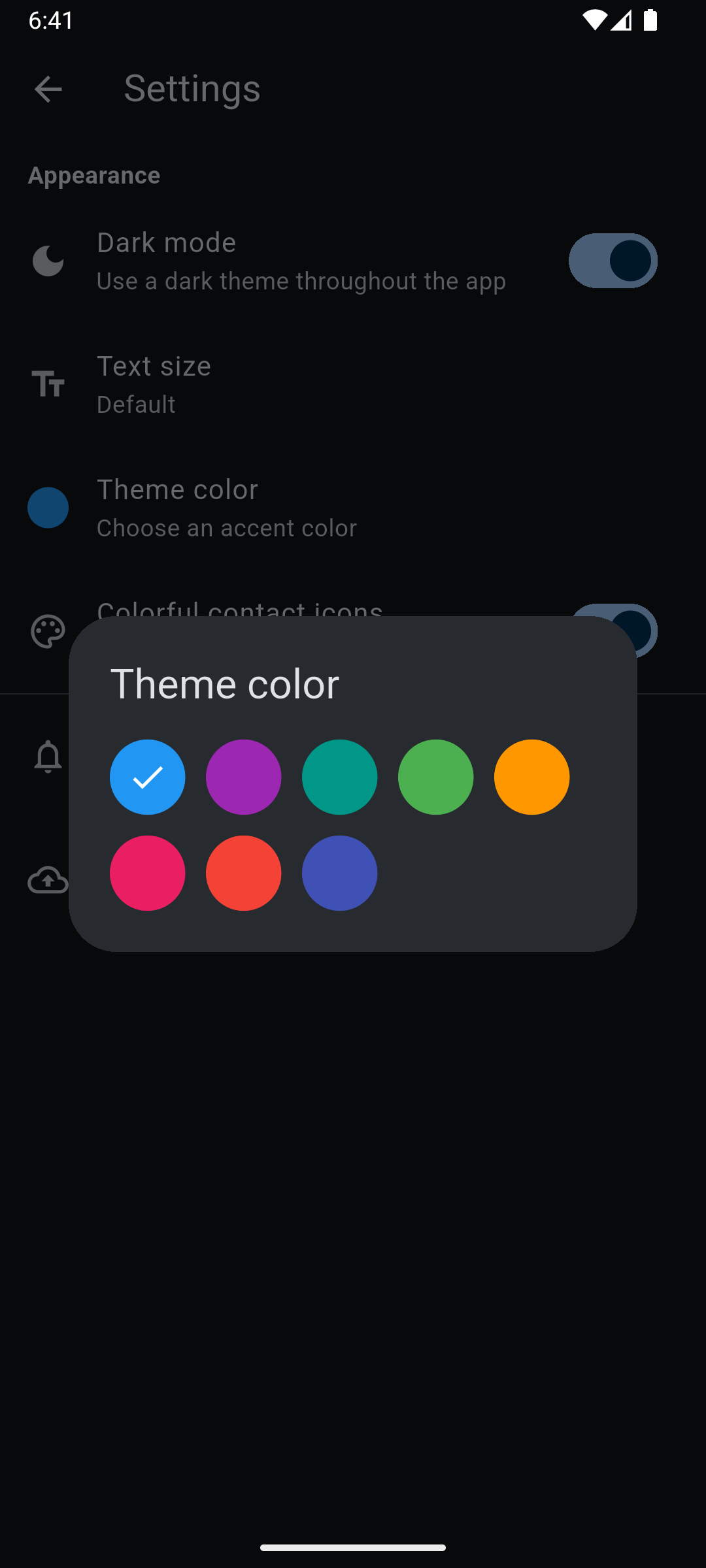 Settings — dark mode, text size, and eight accent colors to pick from