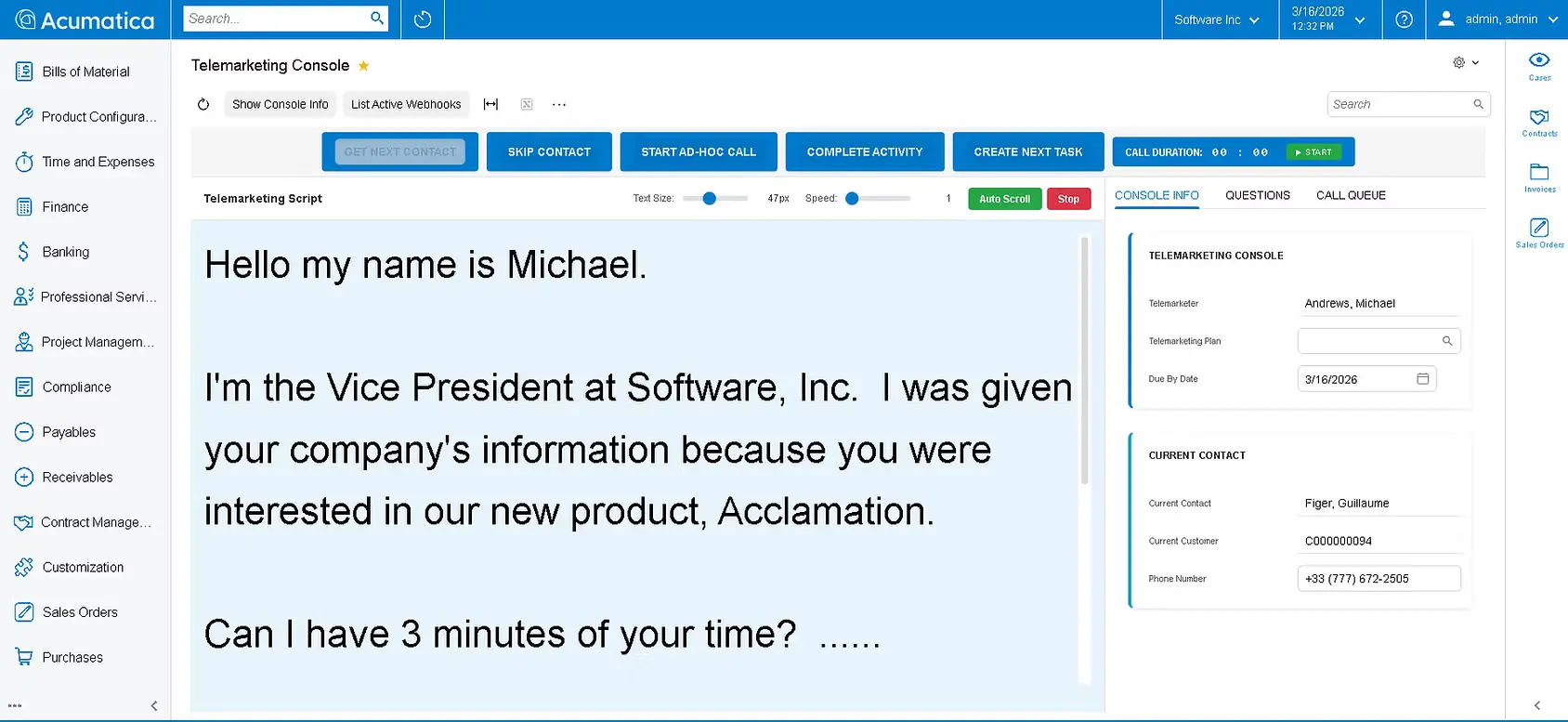 Screenshot of the Telemarketing Console showing a live call script and current contact details