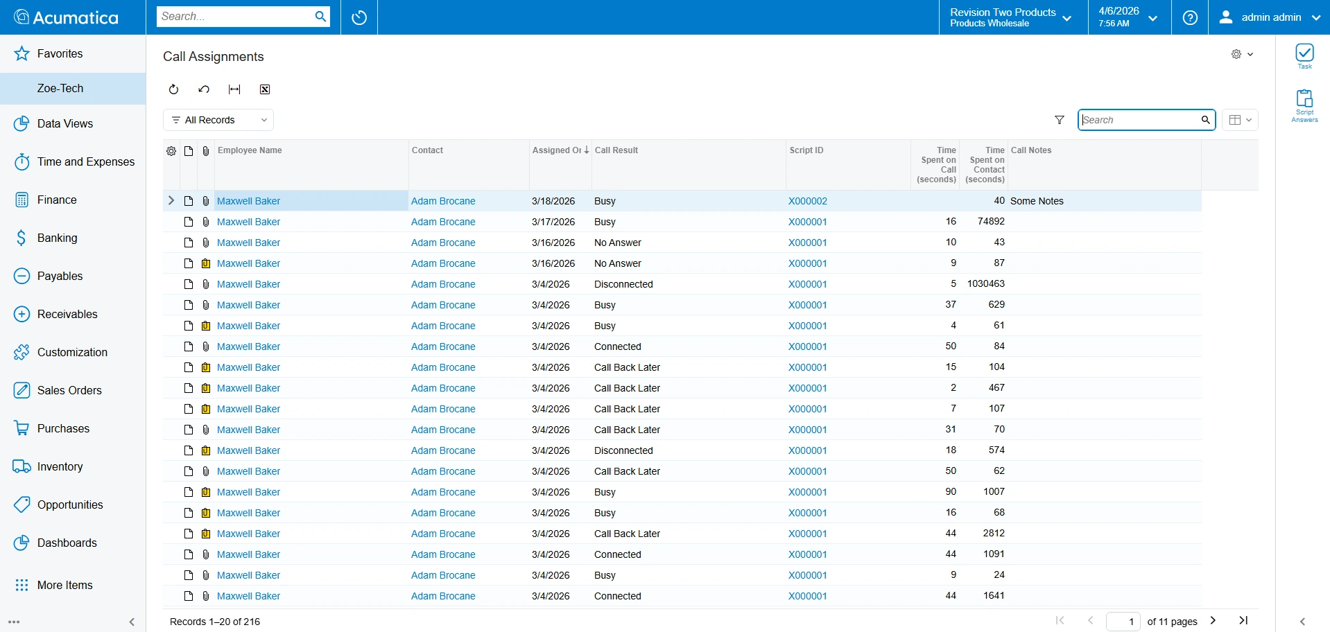 Screenshot of the Call Assignments grid showing call results, durations, and notes