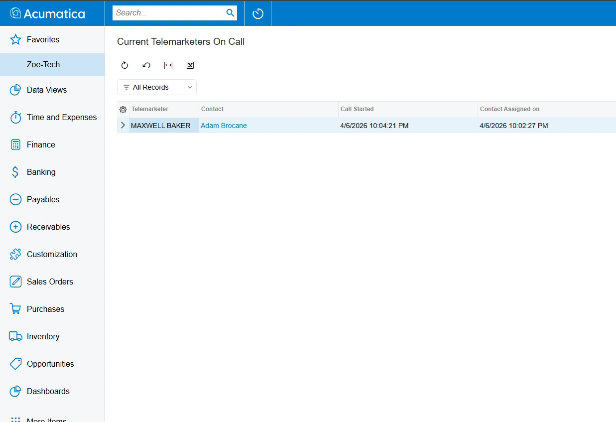 Screenshot of Telemarketer Stats report showing call and contact time performance metrics