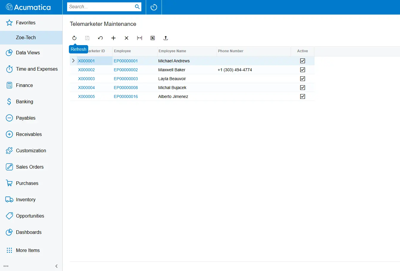 Screenshot of Telemarketer Maintenance screen listing telemarketers and their employee assignments