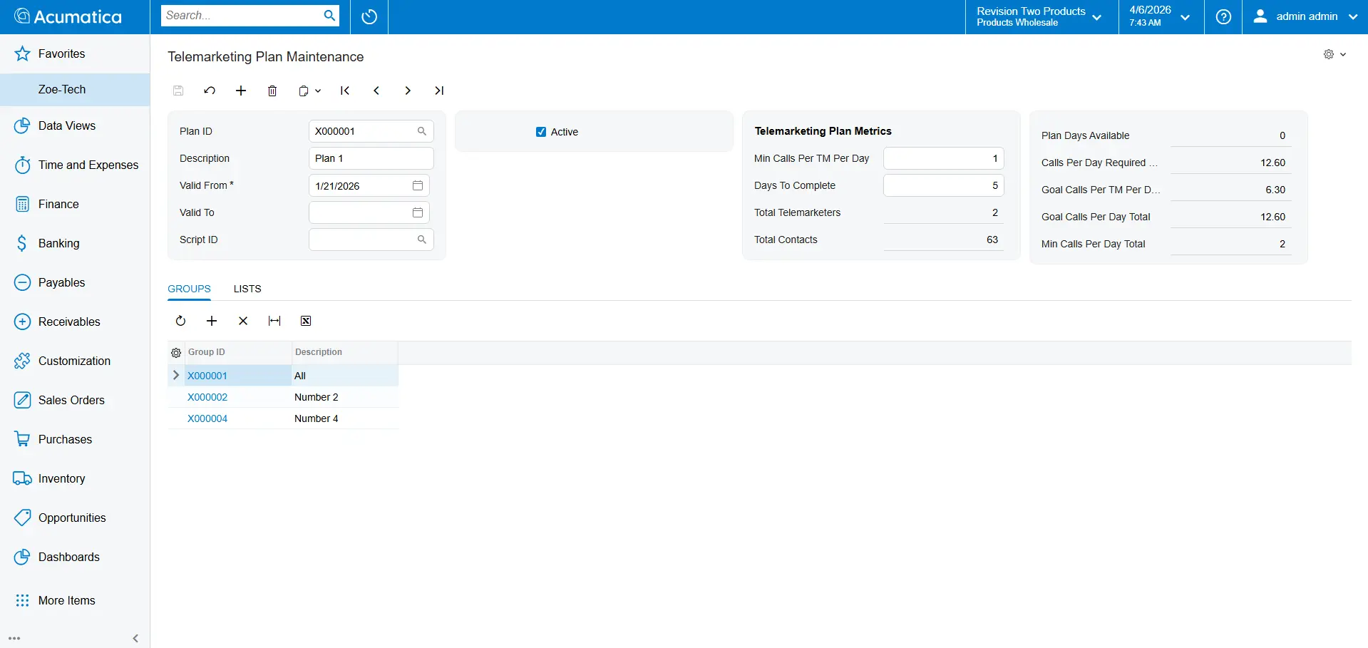 Screenshot of Telemarketing Plan Maintenance showing plan metrics like calls per day and total contacts