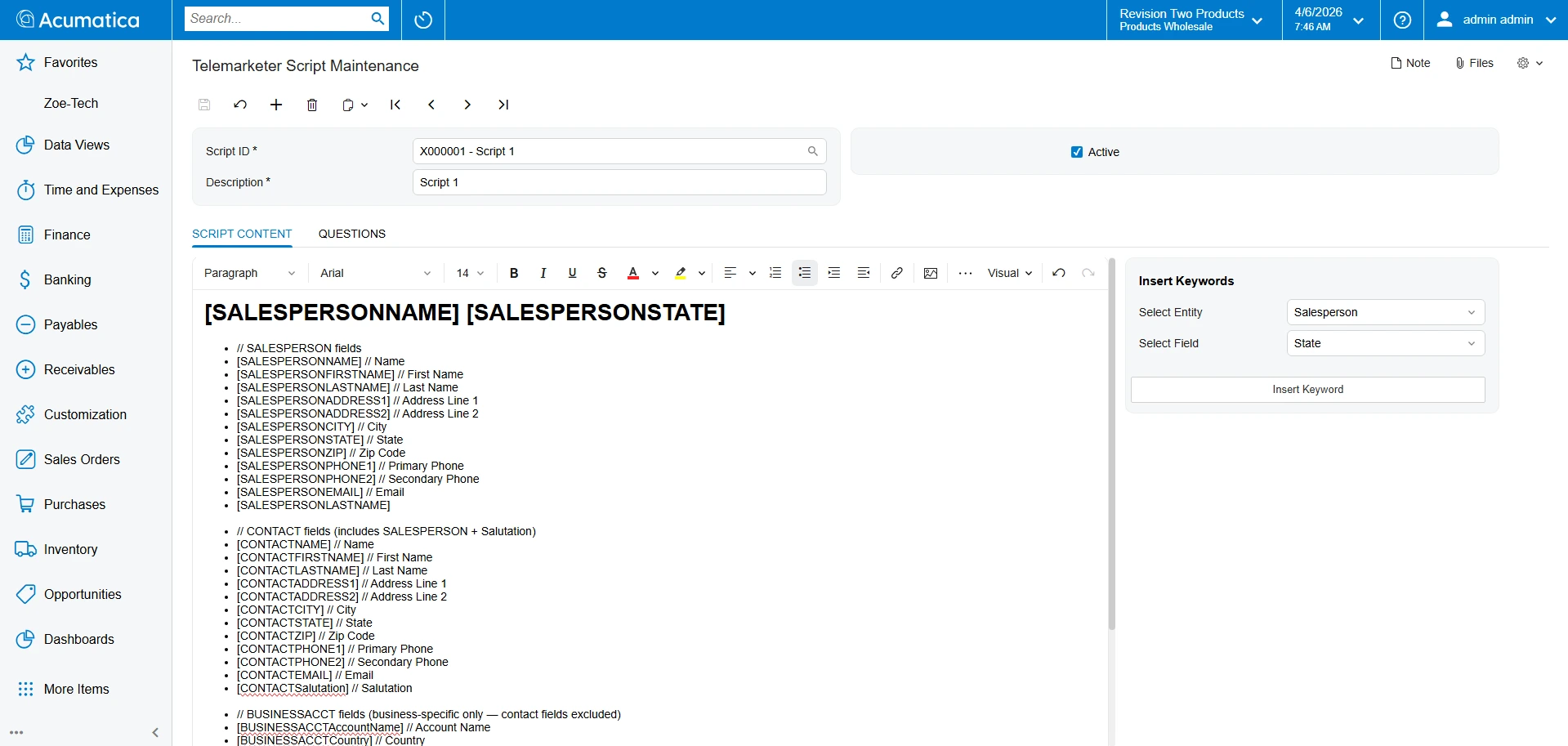 Screenshot of Telemarketer Script Maintenance showing script content with insertable keyword fields